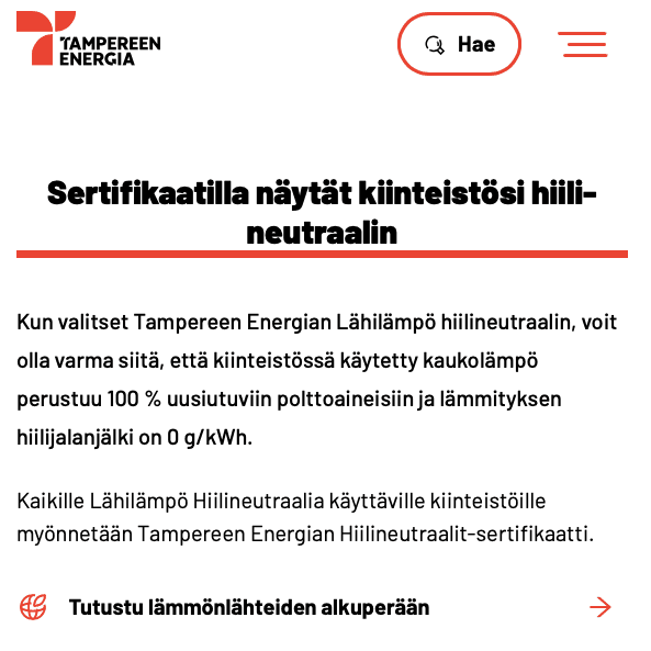 Tampereen Energian omatekoinen ilmastosertifikaatti