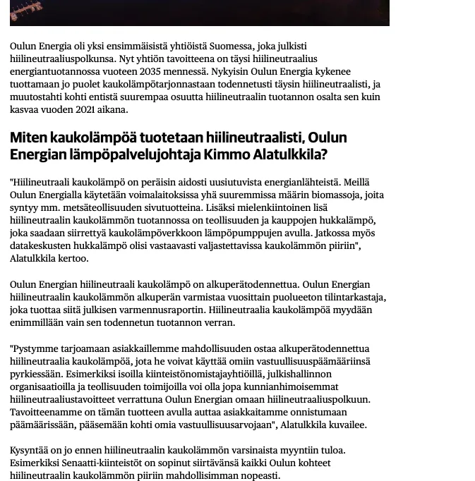 Oulun Energia julkaisi Kaleva-lehdessä advertoriaalin eli uutisjutulta näyttävän mainoksen, jossa sana