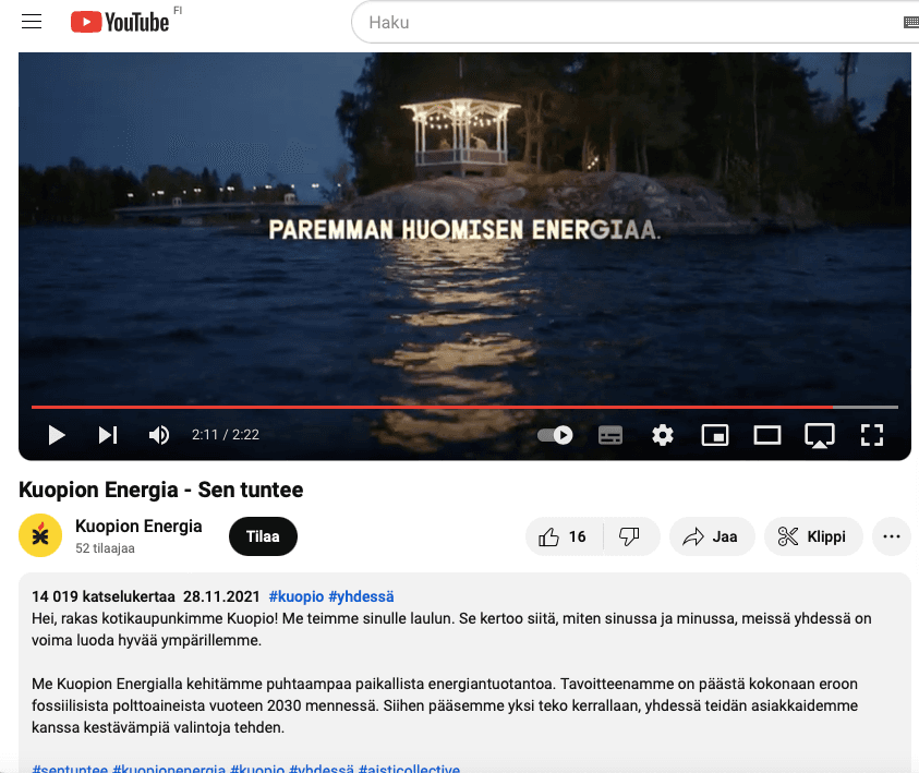 Kuopion Energia markkinoi myös YouTubessa.